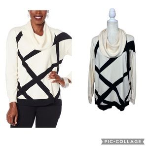 MarlaWynne Layers Ivory & Black SoftKNIT Cowl-Neck Intarsia Sweater Size Medium